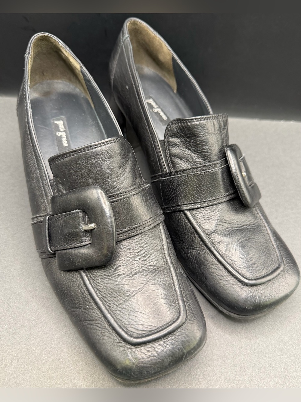 Paul Green Loafer‎ Black Leather Buckle Slip-On Loafers- Size:7